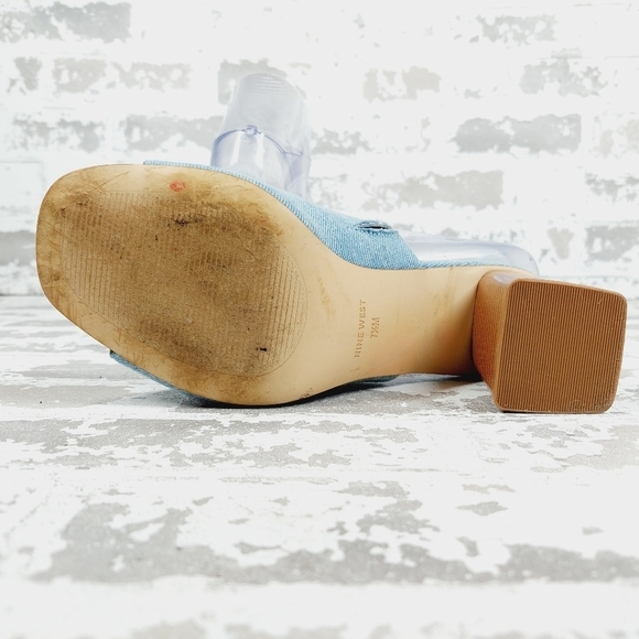 Nine West Wylow Blue Denim Open Toe Slip On Block Heel Mules M437 - Picture 8 of 13